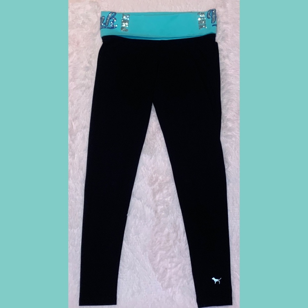 Victoria’s Secret Pink Bling Sequin Black Aqua Turquoise Yoga Leggings Tights - Picture 2 of 15